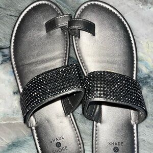 Shade & Shore Metallic Silver Sandals with Black Embellished Strap
